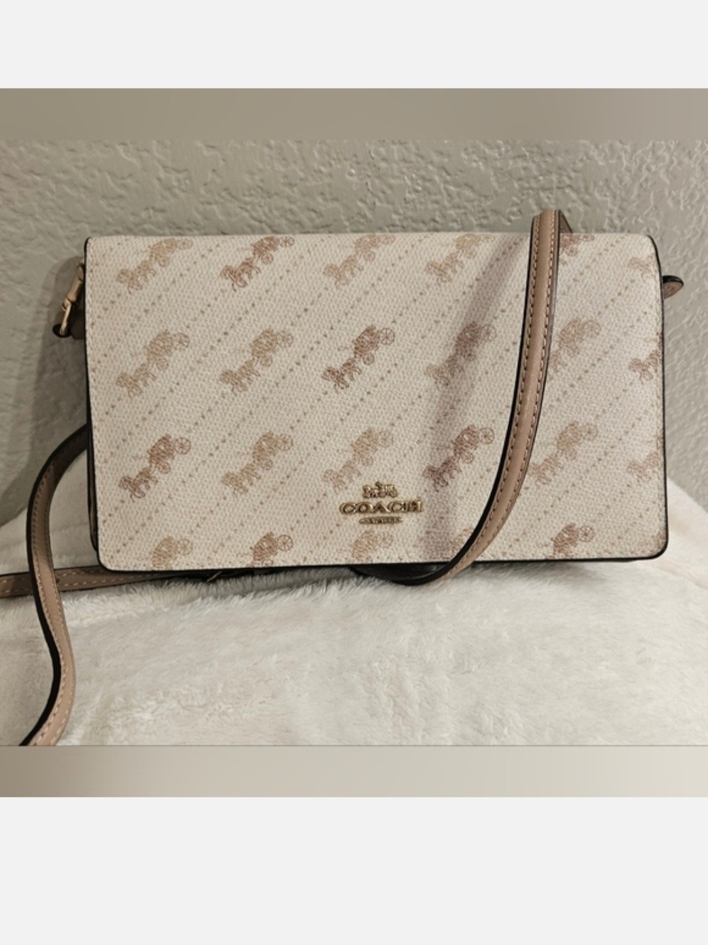 Coach Anna Foldover Cream Horse And Carriage Dot Print Signature Crossbody